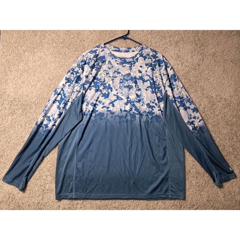 Huk Fishing Shirt Mens XXL Blue Camo Pursuit Long Sleeve Performance Tee Mesh